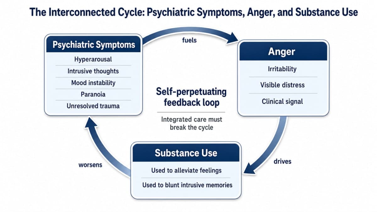 Visualize the self-perpetuating three-part feedback loop described in the section (psychiatric symptoms fuel anger, anger drives substance use, substance use worsens symptoms), which the article explicitly names as the core cycle integrated care must break