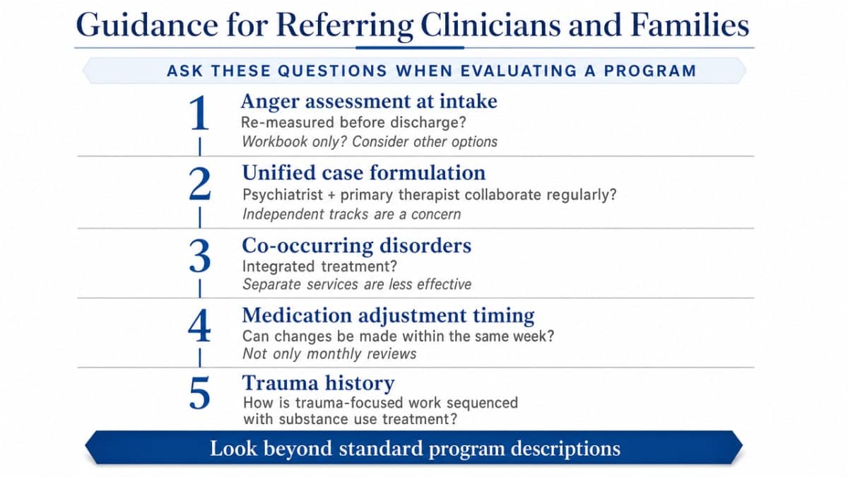 Convert the section's list of specific vetting questions into a scannable checklist infographic, giving families and referrers a takeaway framework directly tied to article prose