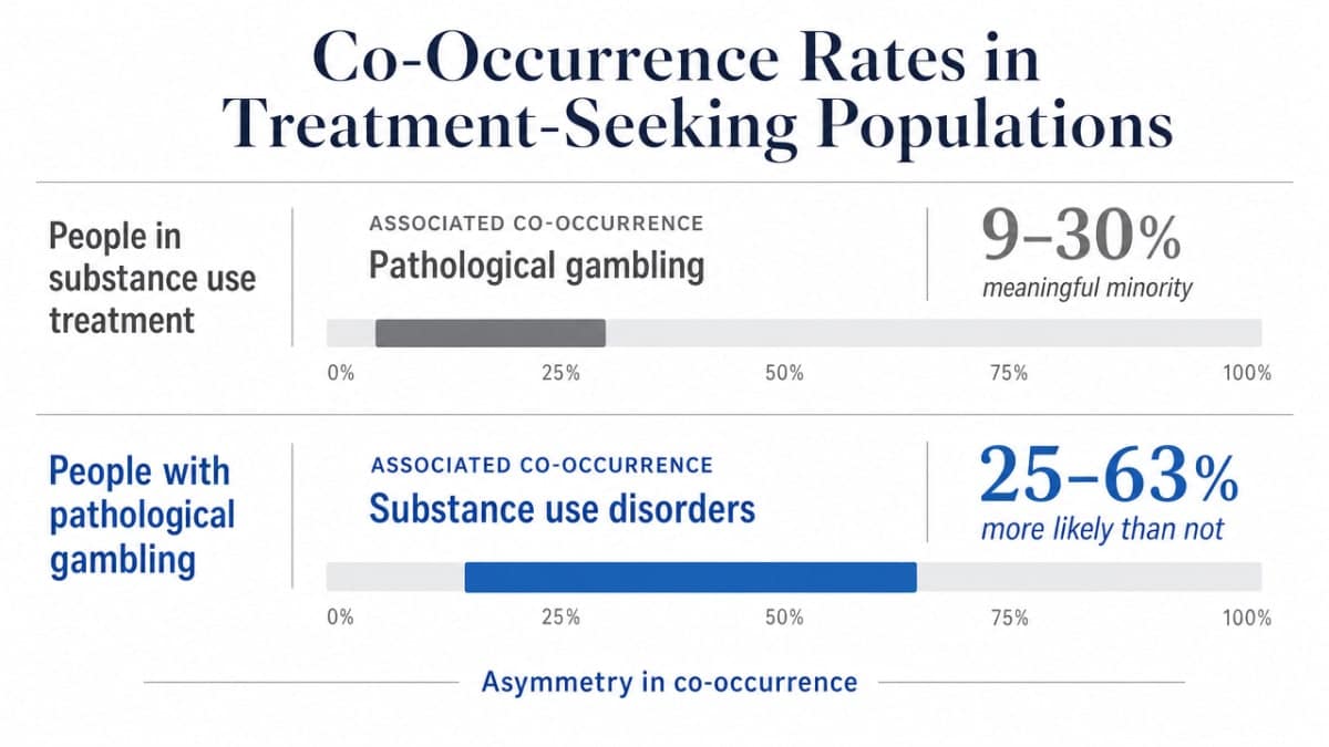 Visualize the asymmetric co-occurrence rates cited directly in this section, giving readers a clear at-a-glance comparison of how often each disorder appears within the other's treatment population