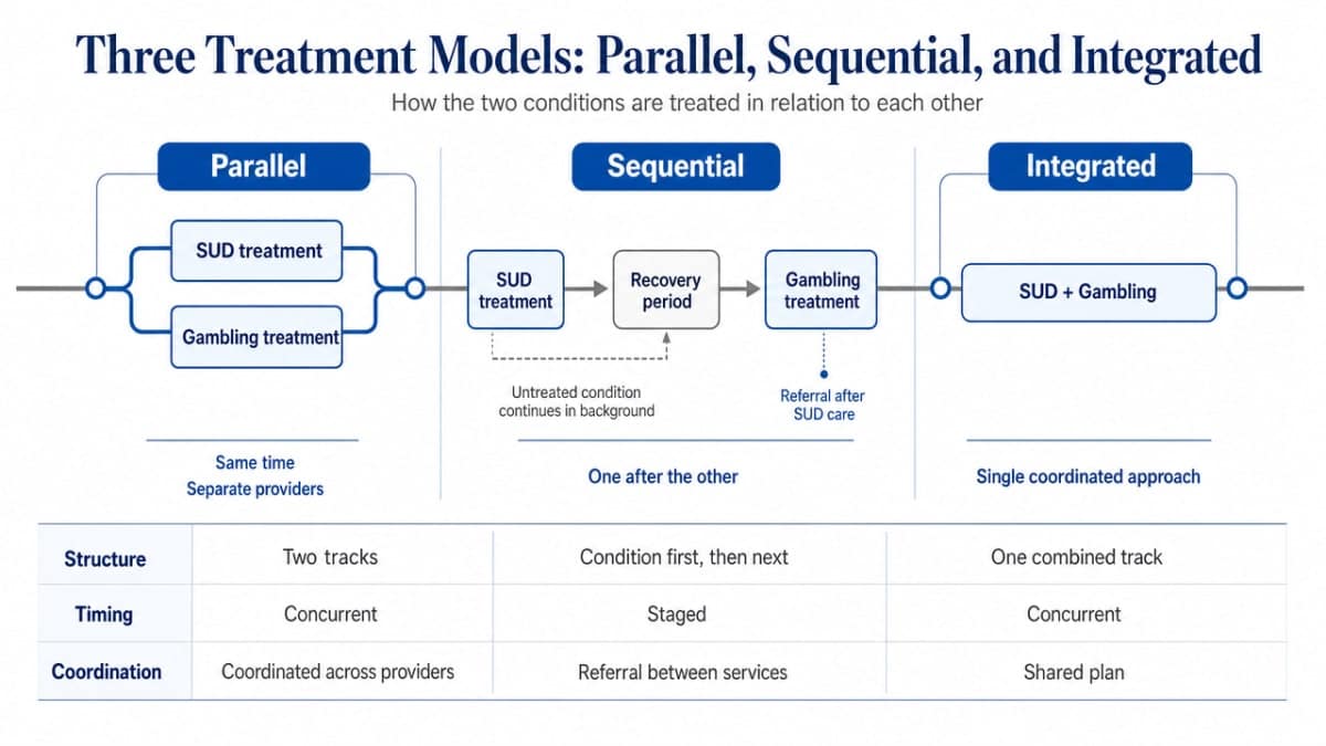 Compare the three treatment models described in the section as a side-by-side process/comparison framework, since the article explicitly contrasts their structure and coordination