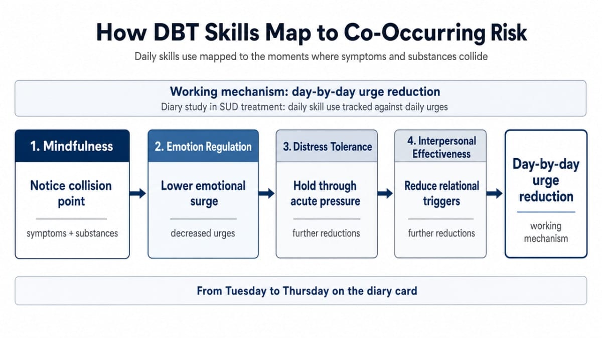 Process infographic mapping each of the four DBT skill modules to the specific co-occurring pressure point described in the section, directly reflecting the article's module-by-module walkthrough