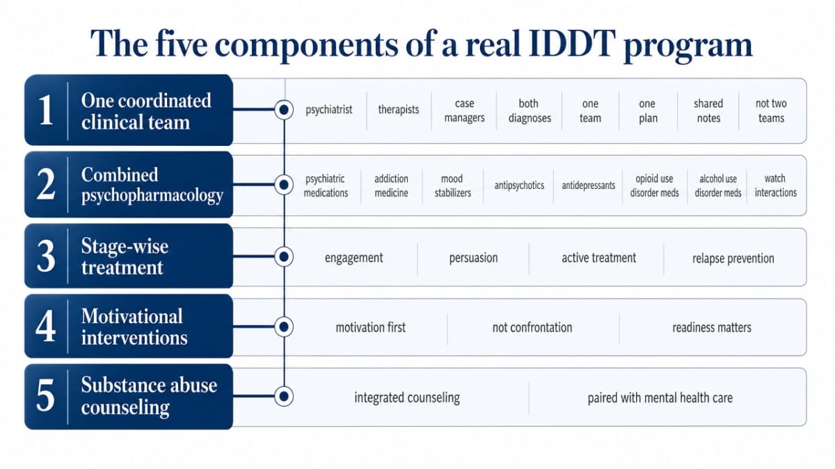 Visualize the five IDDT components cited in the section as a checklist readers can use when screening programs