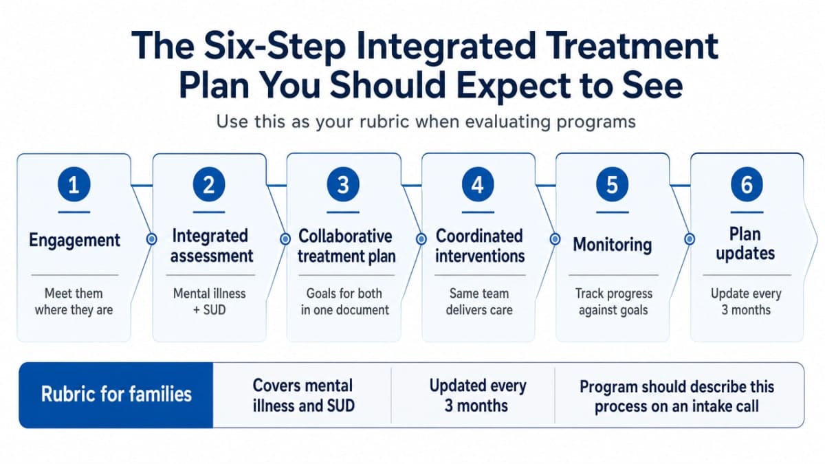 Show the six-step SAMHSA integrated treatment planning process described in this section so families can use it as a rubric when evaluating programs