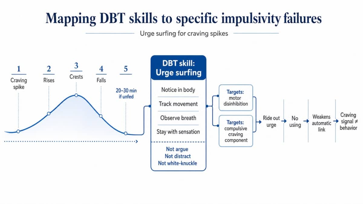 Process infographic mapping each DBT skill to the specific impulsivity failure mode it addresses, reinforcing the section's core framework