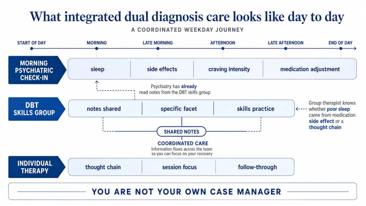 Process infographic showing the coordinated daily workflow of integrated dual diagnosis care described in the section, illustrating how psychiatry, skills groups, and individual therapy connect