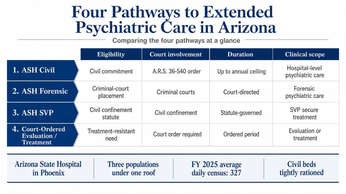 Compare the four extended-care pathways described in this section across eligibility, court involvement, duration, and clinical scope — directly matching the 'Comparing the Four Pathways at a Glance' subsection