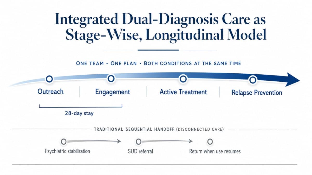 Visualize SAMHSA's four-stage integrated treatment process cited in this section, showing the longitudinal arc that cannot fit inside a 28-day stay