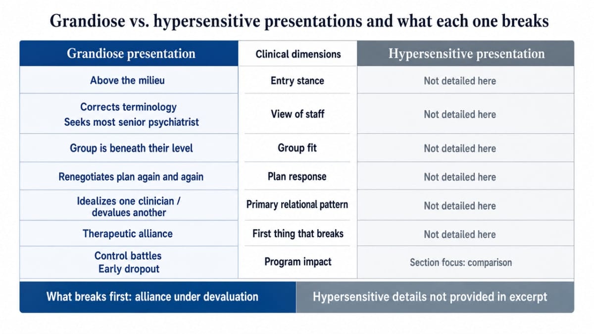Compare the two narcissistic presentations across clinical dimensions that determine how each one derails standard SUD programming, directly supporting the section's core comparison