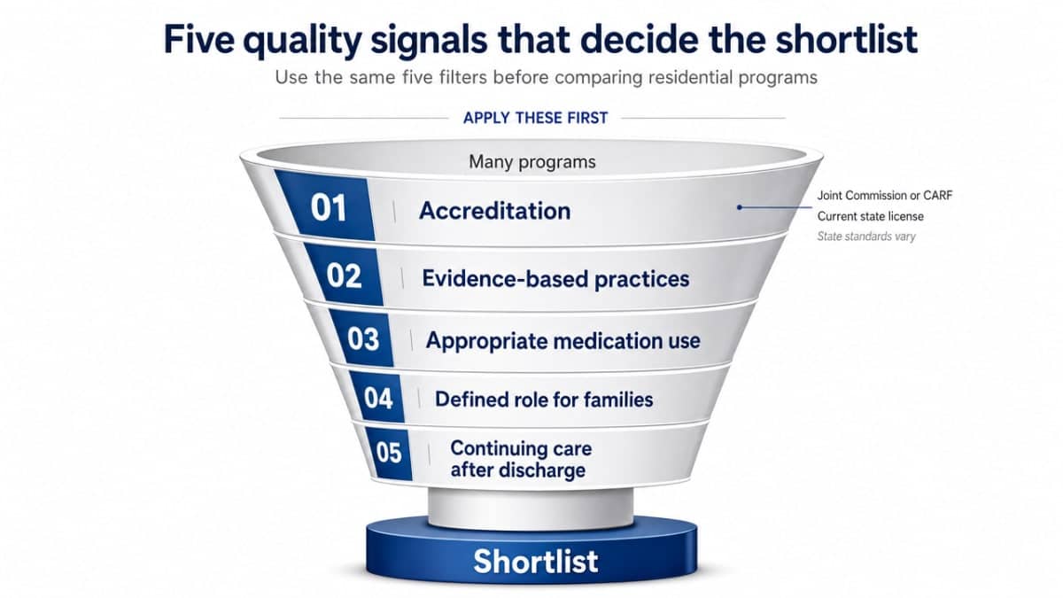 Visualize SAMHSA's five quality signals as a filtering framework used to shortlist residential programs, directly supporting the section's cited checklist