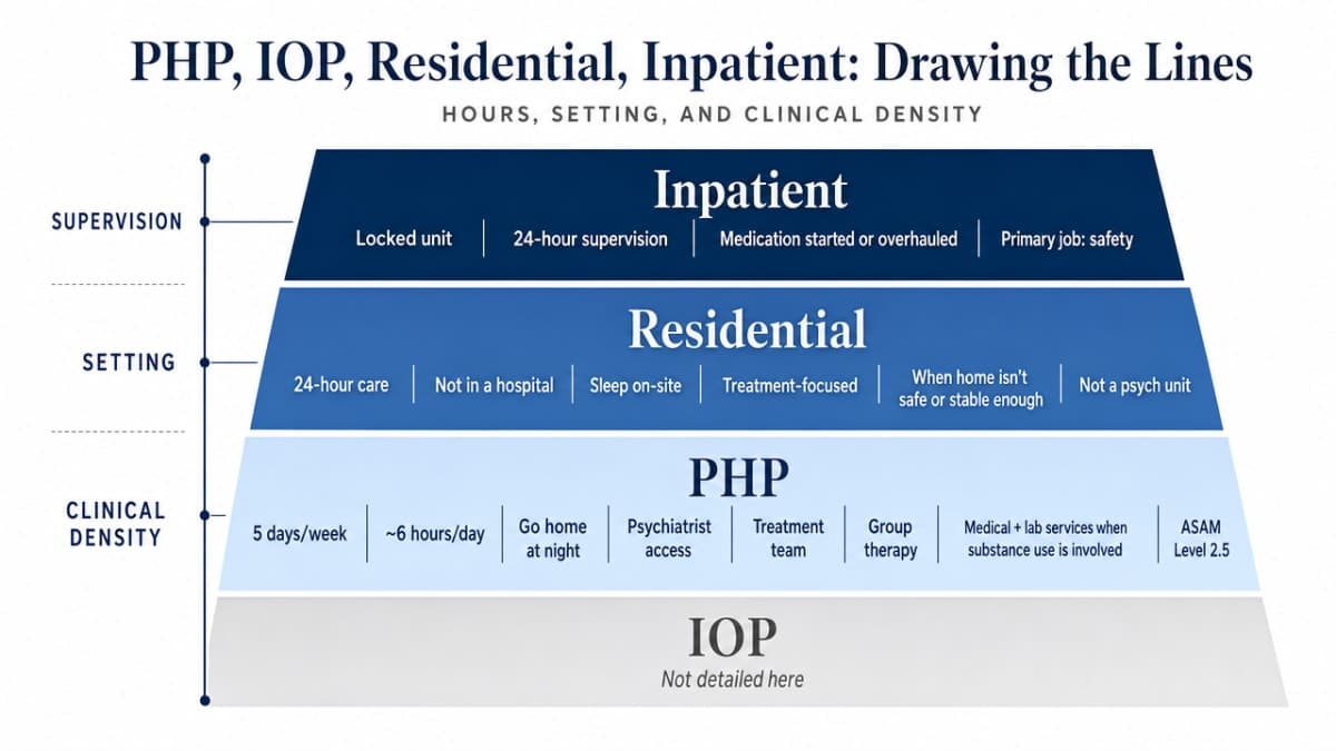 Visualize the comparison between the four levels of care described in this section, giving readers a scannable reference for hours, setting, and clinical density
