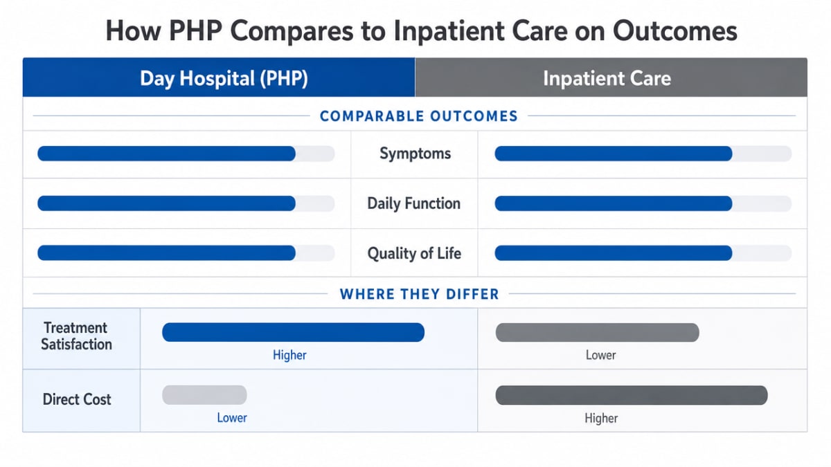 Summarize the 2020 comparative study finding that day hospital and inpatient care produced equivalent clinical outcomes but diverged on satisfaction and cost — directly supporting this section's argument