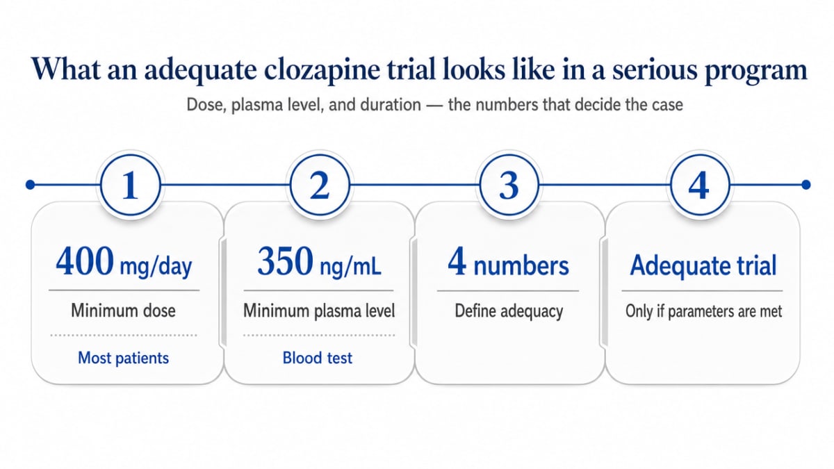 Visualize the four specific numeric parameters that define an adequate clozapine trial, which are explicitly cited in the section prose