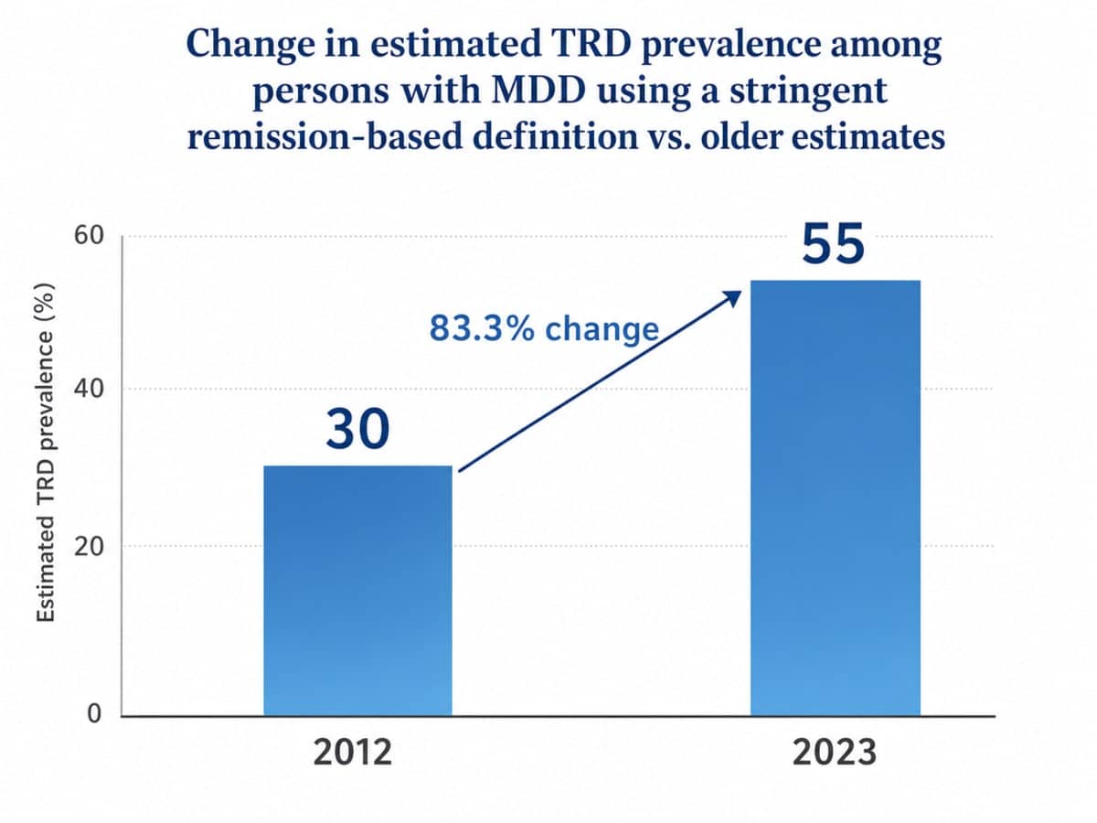 Chart showing Change in estimated TRD prevalence among persons with MDD using a stringent remission-based definition vs. older estimates