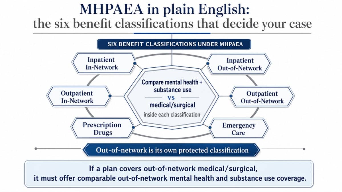 Visualize the six MHPAEA benefit classifications discussed in this section, which is a foundational framework families need to understand before verification calls