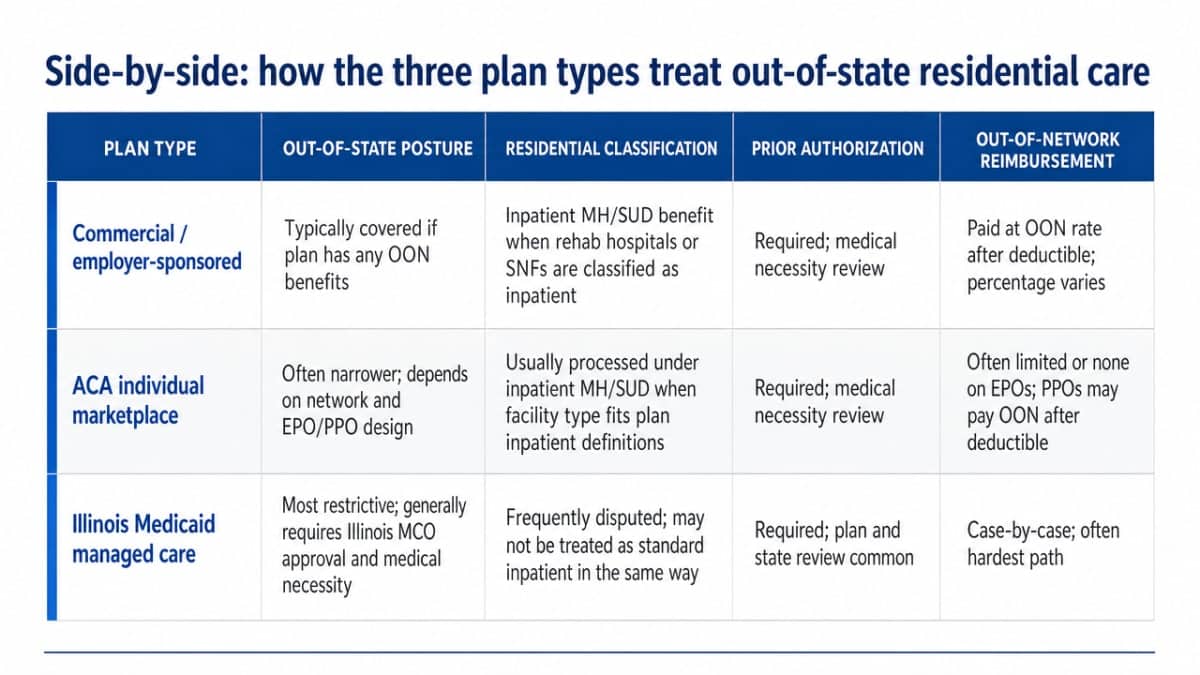 Render the comparison table from this section as a clear visual comparison of how three Illinois plan types treat out-of-state residential dual diagnosis care