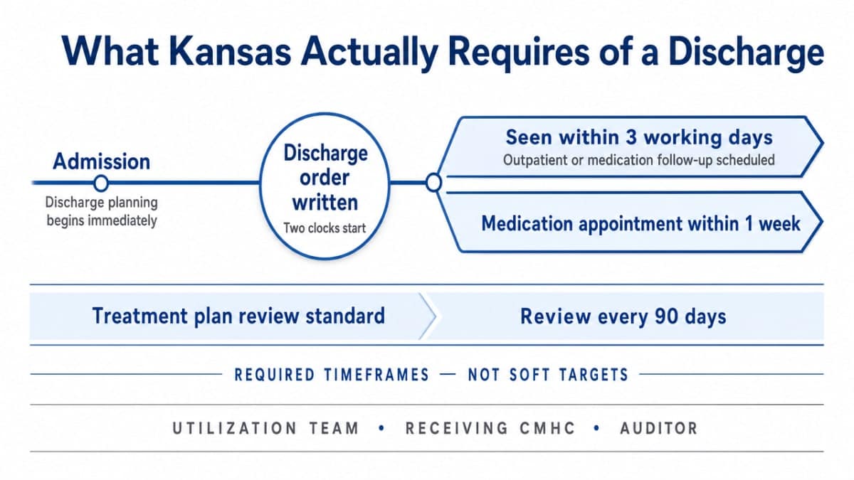 Visualize the Kansas discharge planning timeline and requirements cited in the section, giving discharge planners a clear reference for the 3-working-day and 1-week clocks alongside the 90-day treatment plan review standard