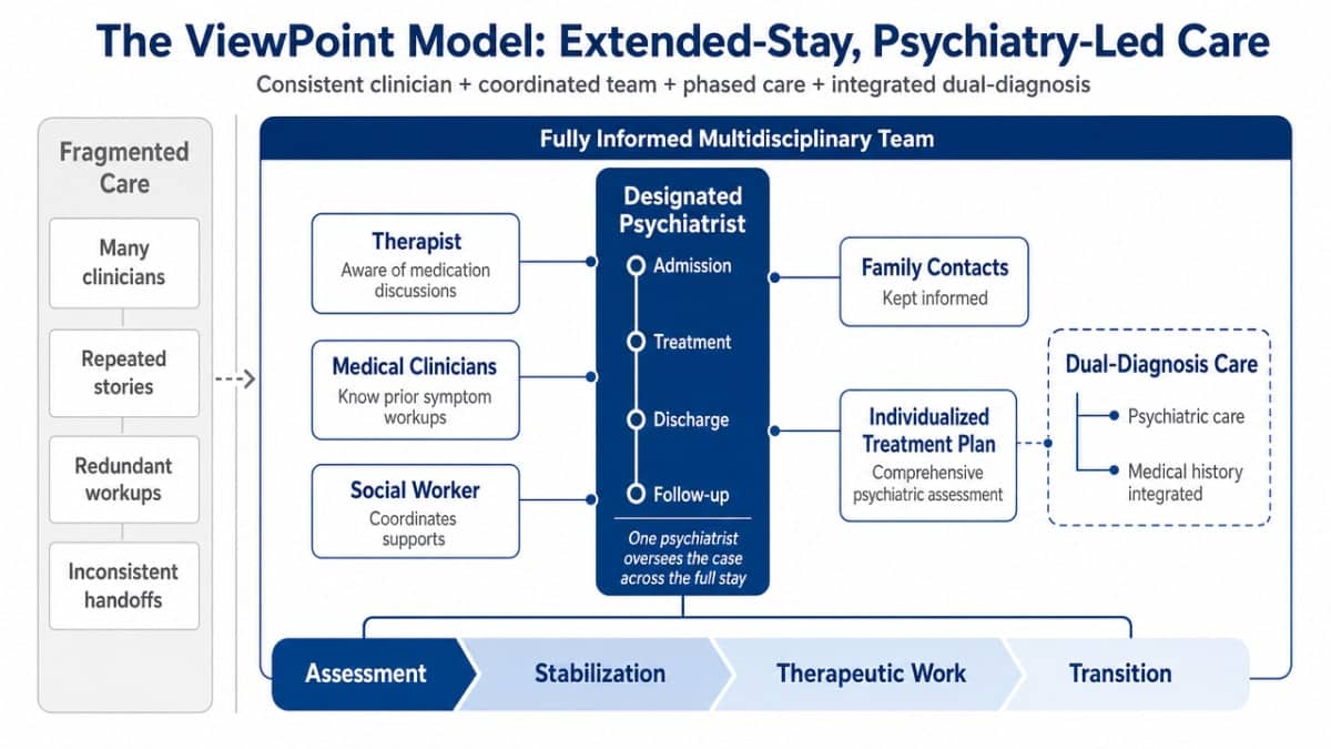 Process infographic visualizing the section's cited operating model: designated psychiatrist, interprofessional team composition, time-based therapeutic phases, and integrated dual-diagnosis care