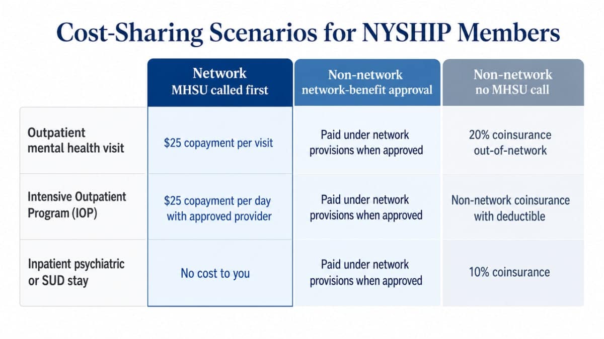 Visualize the three cost-sharing scenarios comparison table already presented in this section, reinforcing the financial differences between MHSU pathways