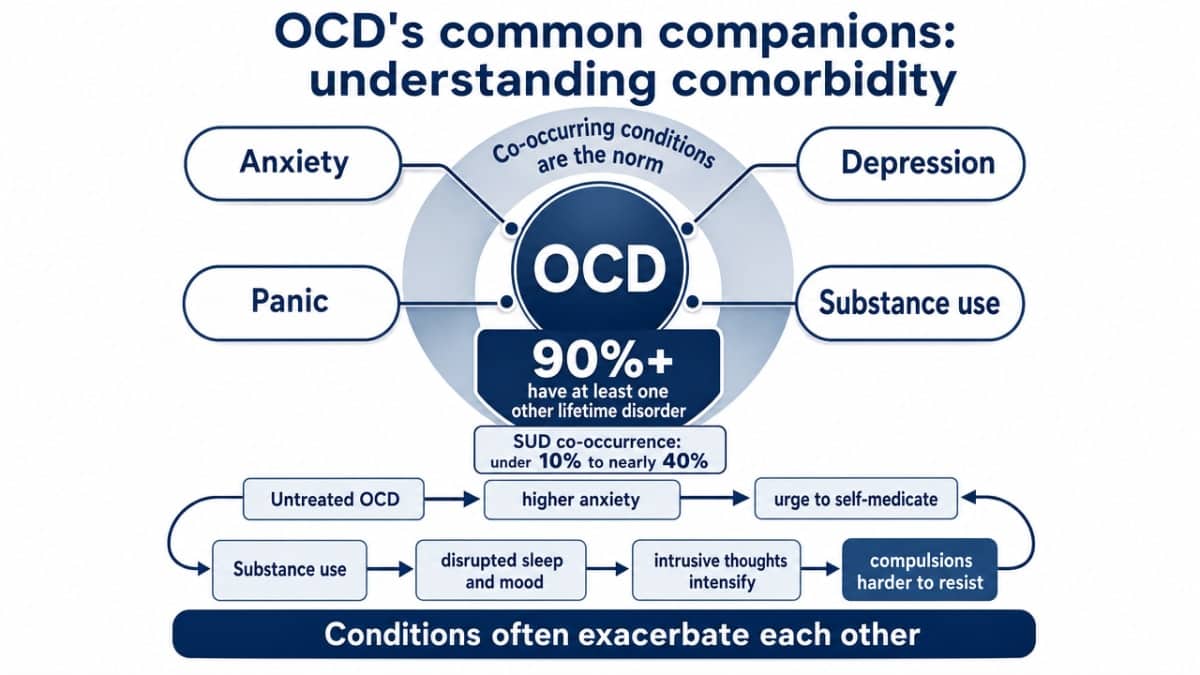 Visualize the striking prevalence of comorbid conditions in OCD, directly supporting the section's central claim from SAMHSA that 90% or more of individuals with OCD have at least one other lifetime disorder, and that SUD co-occurrence ranges widely