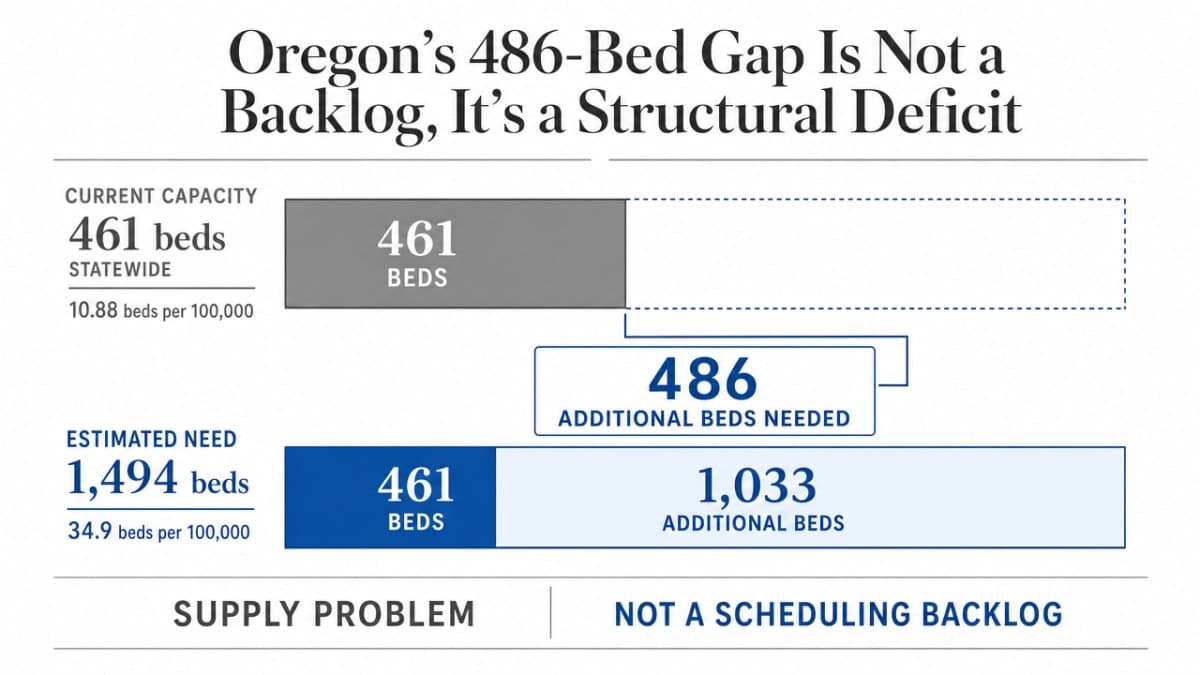 Visualize the concrete gap between Oregon's current inpatient psychiatric bed capacity and its estimated need, which is the central quantitative claim of this section