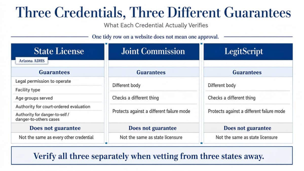 Compare the three distinct credentials families should verify, showing what each one guarantees and what it does not, directly supporting this section's core framework