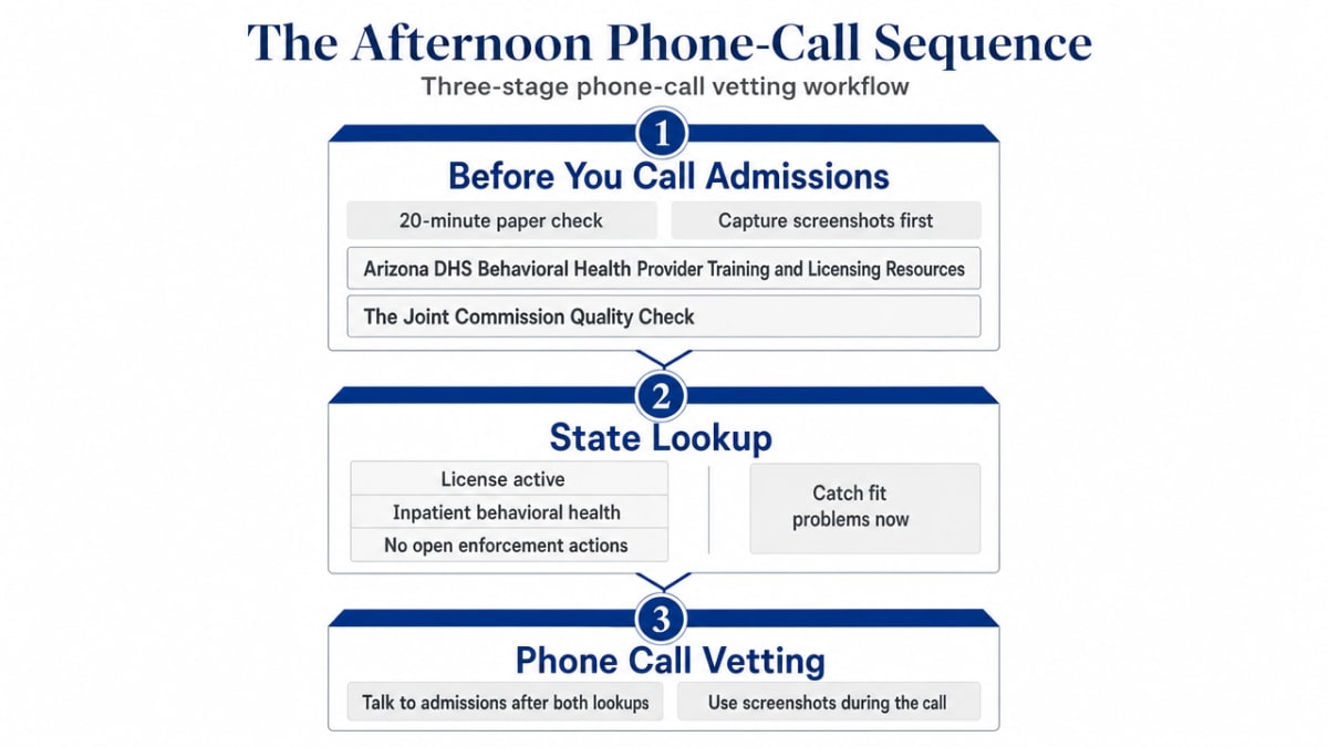 Visualize the three-stage phone-call vetting workflow the section prescribes, giving readers a scannable process reference for the calls they will make