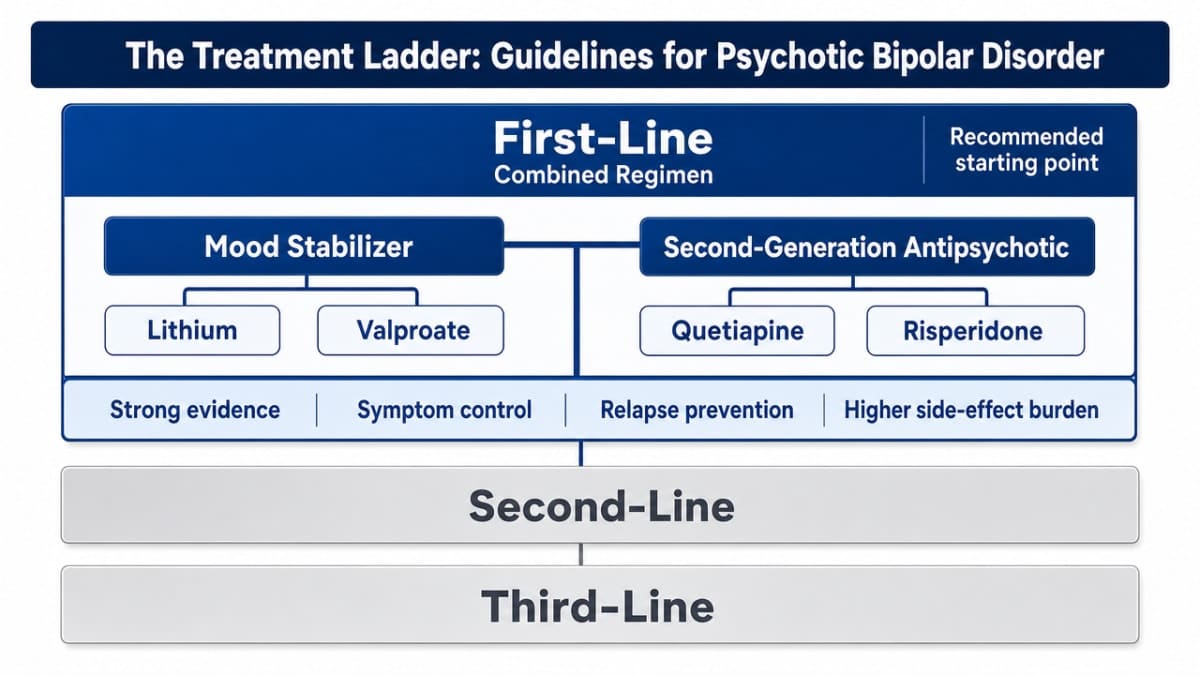 Visualize the tiered first-line, second-line, and third-line pharmacologic framework described in this section, aligning with CANMAT/ISBD guidelines cited in the prose