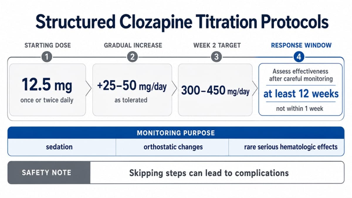 Visualize the specific clozapine titration protocol steps cited in this section (starting dose, titration rate, target dose, response window), directly supporting the numeric details in the prose