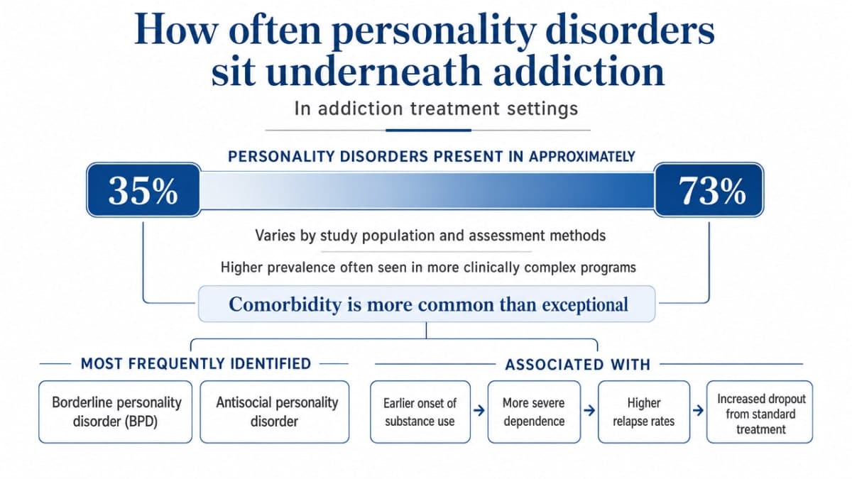 Visualize the cited prevalence range of personality disorders in addiction treatment settings, which is explicitly stated in the adjacent prose