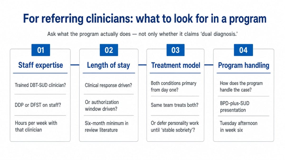 Visualize the section's explicit checklist of screening questions clinicians should ask when evaluating a dual-diagnosis program
