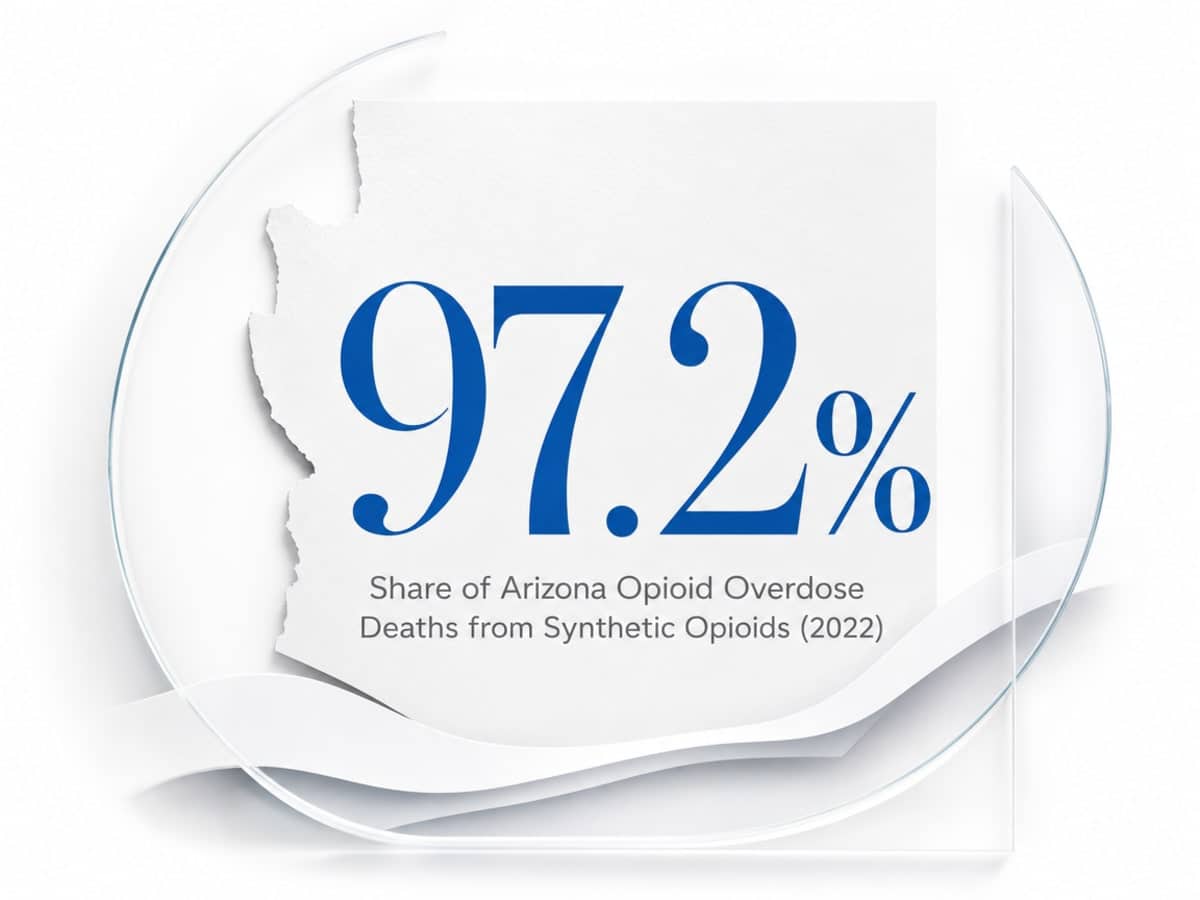 Infographic showing Share of Arizona Opioid Overdose Deaths from Synthetic Opioids (2022)