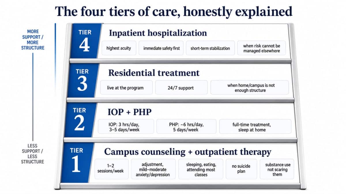 Visualize the four escalating tiers of mental health care described in this section so families can see the ladder at a glance