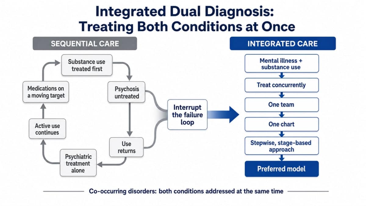 Contrast sequential vs. integrated care models described in the section, showing why one team on one chart interrupts the failure loop for co-occurring disorders