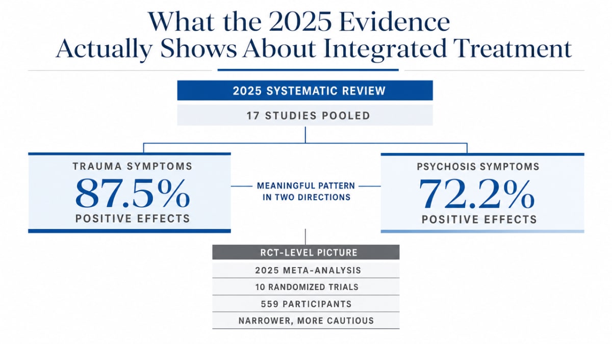 Visualize the paired outcome percentages from the 2025 systematic review that show trauma-focused treatment moves both trauma and psychosis symptoms