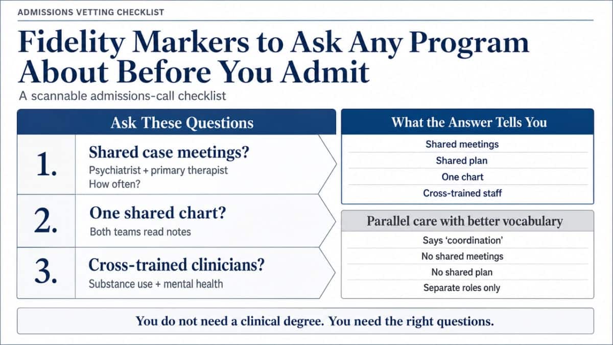 Translates the section's cited SAMHSA fidelity markers into a scannable vetting checklist that mirrors the questions the prose recommends families ask admissions
