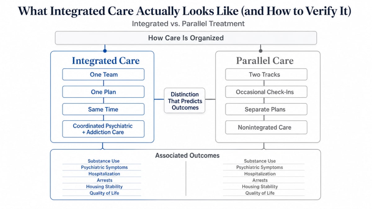 Visualizes the section's core comparison between integrated and parallel dual diagnosis treatment models, a comparison the prose explicitly develops