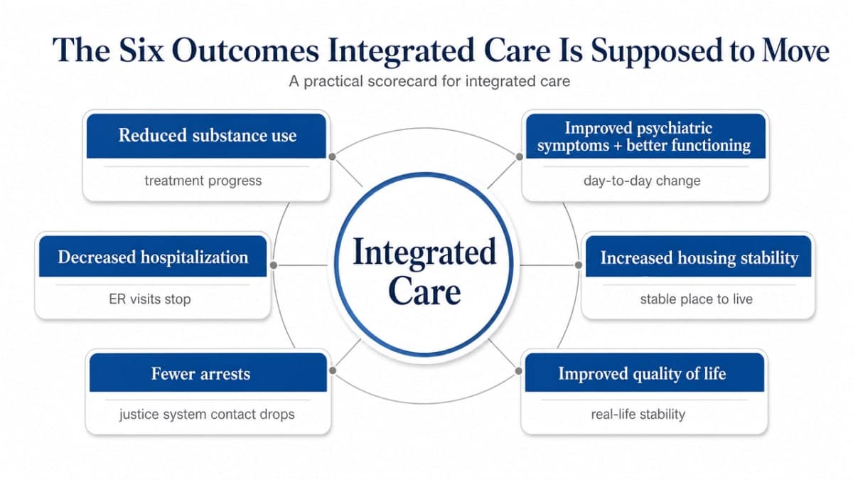 Visualize the six specific outcome domains from SAMHSA's Building Your Program guide that integrated care is designed to improve, giving readers the scorecard referenced in the section prose