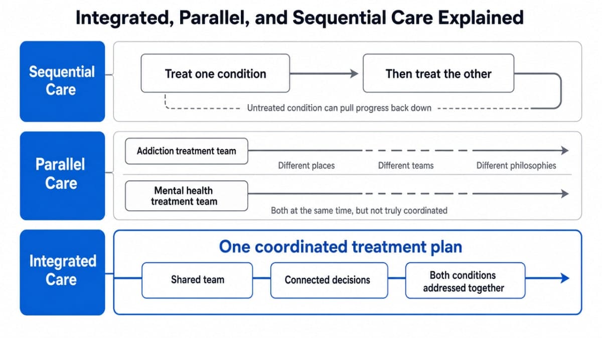 Visualize the three care models compared in this section (sequential, parallel, integrated) since the section is explicitly a comparison framework cited to SAMHSA and peer-reviewed evidence