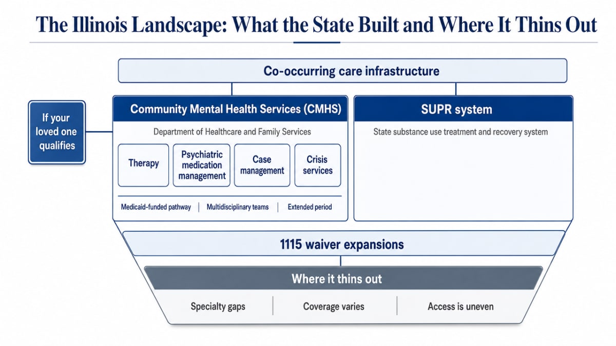 Process/operating-model infographic mapping the Illinois dual diagnosis system layers described across the subsections (CMHS, SUPR, 1115 waiver expansions, specialty gaps). Supports the section's operating-model explanation without inventing statistics