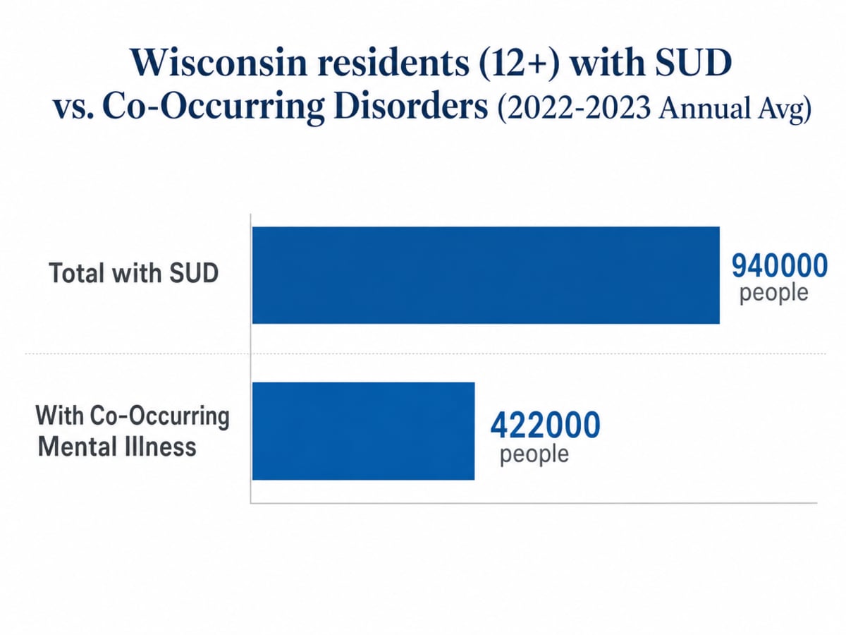 Chart showing Wisconsin residents (12+) with SUD vs. Co-Occurring Disorders (2022-2023 Annual Avg)