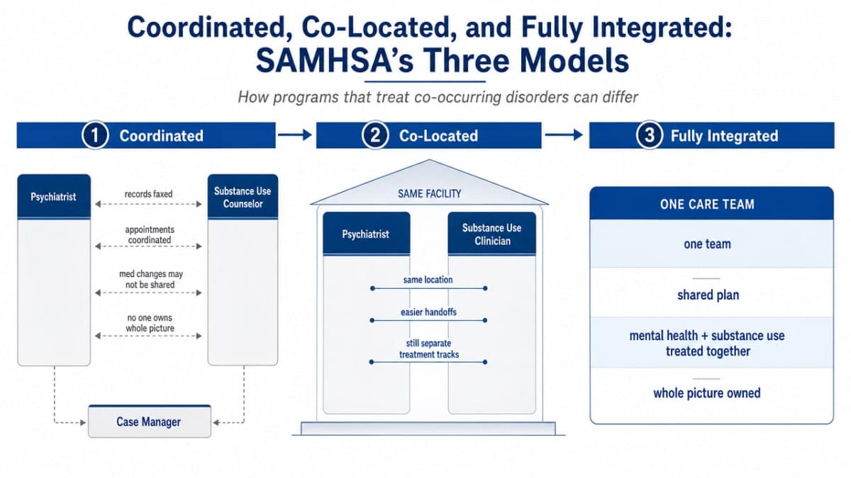Process/comparison infographic visualizing SAMHSA's three care models explicitly described in this section, helping families distinguish them