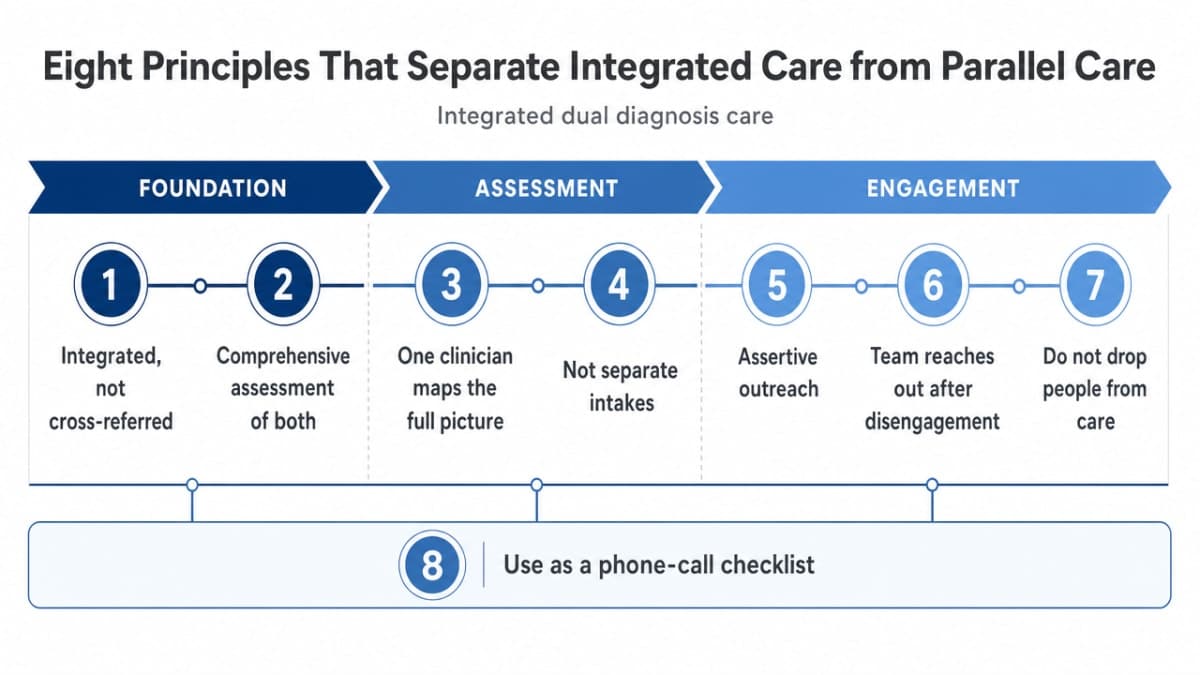 Process infographic listing the eight guiding principles of integrated dual diagnosis care cited from the University of Minnesota practice brief in this section
