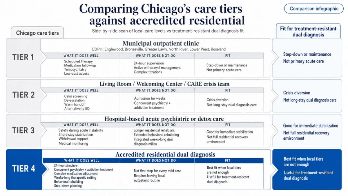 Process/comparison infographic that mirrors the section's four-tier comparison table, helping readers scan Chicago care levels against accredited residential dual diagnosis