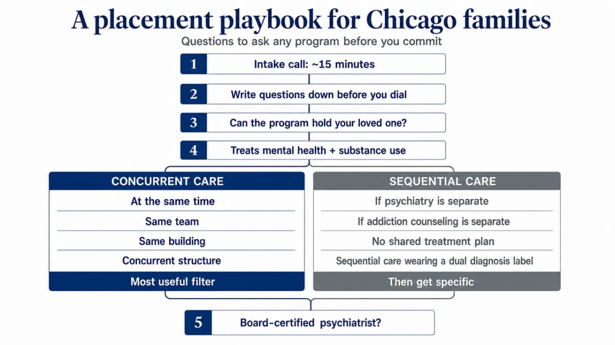 Process infographic that visualizes the section's step-by-step placement workflow (questions, documents, insurance/travel/first 72 hours) so families can scan the operational plan