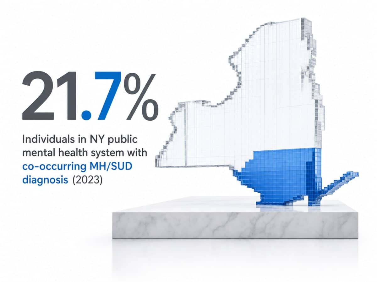 Infographic showing Individuals in NY public mental health system with co-occurring MH/SUD diagnosis (2023)