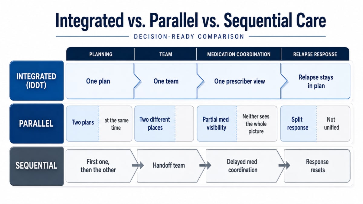 Compare the three care models across the four dimensions the section explicitly defines (planning, team, medication coordination, relapse response), giving readers a decision-ready framework to hold up against any Prescott program