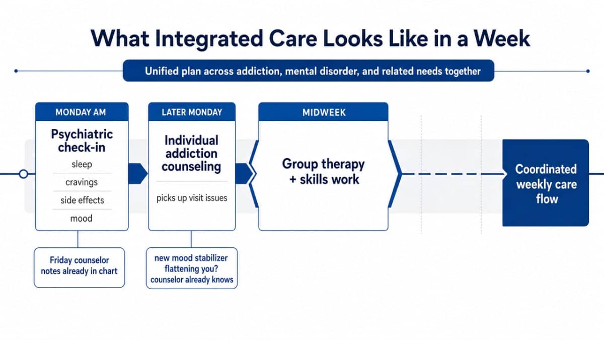 Visualize the weekly clinical schedule described in the section as a process/journey infographic, showing how one coordinated team's activities flow across days — directly supporting the section's narrative of an integrated plan in practice