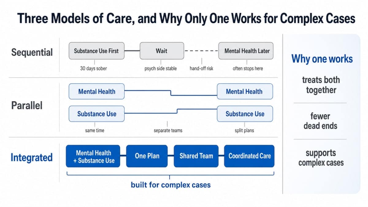 Compare the three care models (sequential, parallel, integrated) described in the section, since the article explicitly contrasts them as a framework