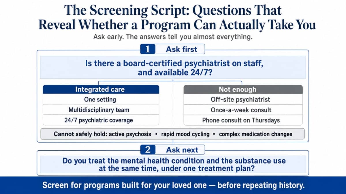 Visualize the section's list of screening questions families should ask admissions lines, functioning as a practical checklist infographic tied directly to the section content