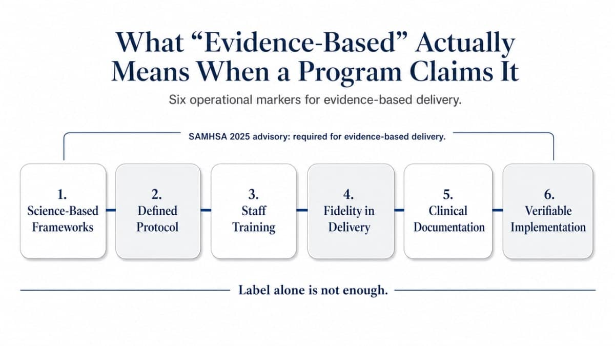 Visualize the six operational markers SAMHSA's 2025 advisory names as required for evidence-based delivery, directly reinforcing the section's cited framework